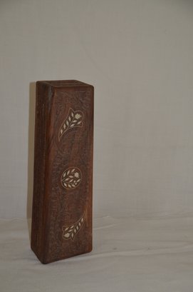 31) Carved Box Wooden With Inlay Hinged Casket Shaped Box