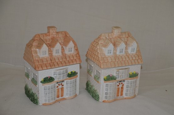 35) Ceramic House Cookie Jars Set Of 2