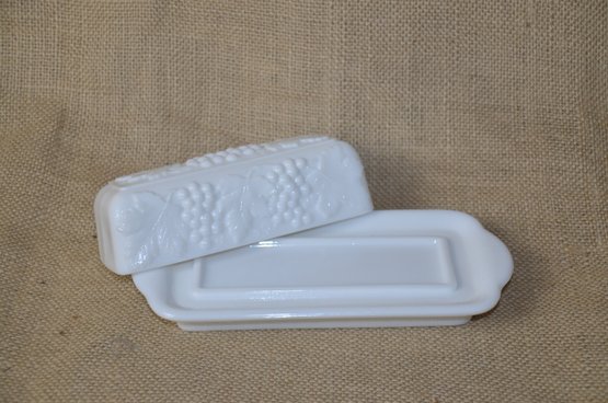 (#62) Milk Glass Covered Butter Serving Dish Grapevine Design