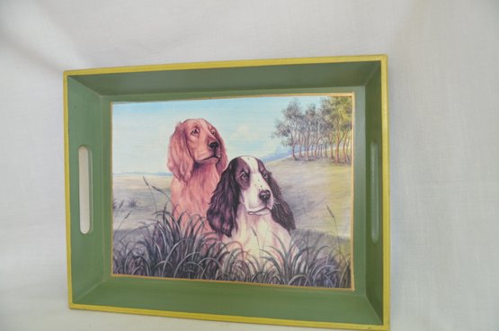 98JS) Wood Serving Tray Hand With Side Handle Painted Hunting Spaniel Dogs