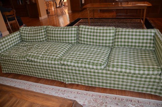 9) Vintage Low Profile Sofa Down Cushions Green & White Plaid Fabric