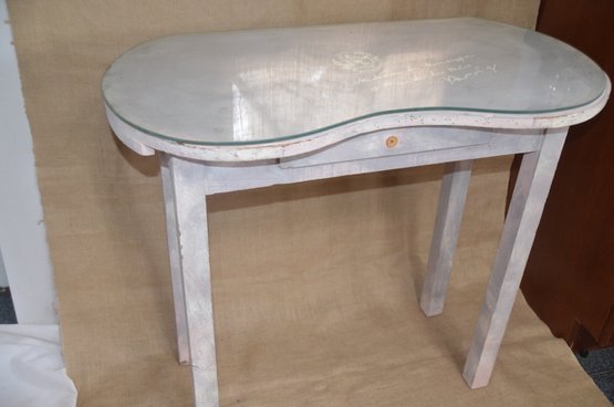 #5) Kidney Wood Shaped Accent Table Painted White Glass Protection Top One Drawer Few Chips