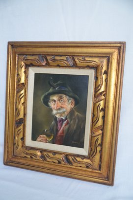 66JS) Oil / Acrylic Painting Art Work Signed Hermine GARTNER Portrait Grandpa With Wine Glass Wood Frame