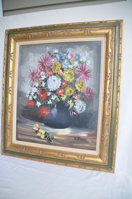 67JS) Acrylic ? On Canvas Art Work Floral Mixed Bouquet Of Flower Arrangement Signed E. BRAMD