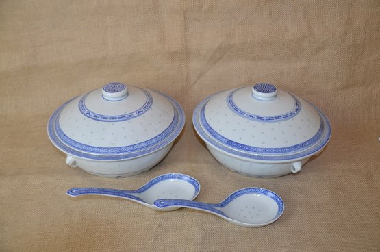 (#129) Blue And White Chinese Covered Bowls With Serving Spoons
