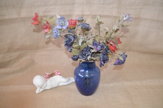 Blue Glass Vase And Ceramic Cherub Angel