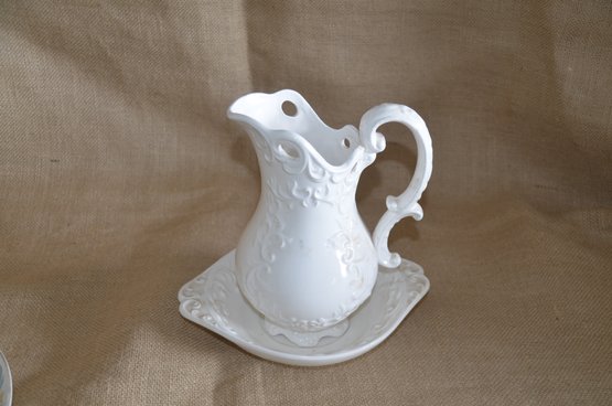 (#94) White Ceramic Pitcher With Bowl