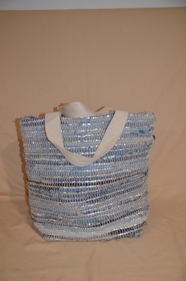 126) Denim And Silver Slouch Beach Woven Tote Travel Handbag With Shoulder Straps