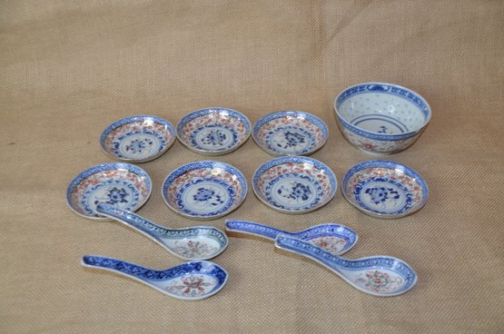(#130) Hong Kong Blue And White Small Dip Bowls With Spoons 12 Pieces