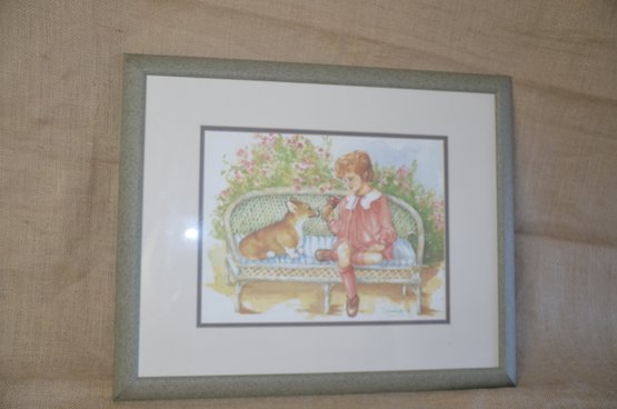 (#8) Framed Print Picture Girl With Pembroke Welsh Corgi Dog 1995 Liisa Coit 58/200