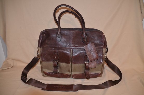 129) Ralph Lauren Travel Computer Bag Leather / Nylon With Shoulder Strap Multi Compartments