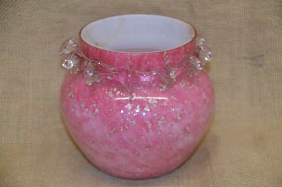 223) Pink Silver Speckled Art Deco Glass Vase 6' Dia. Cracked On Side ( See All Pictures)