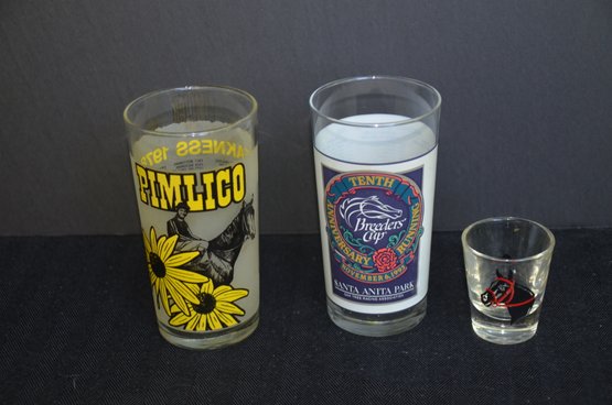 414) Tumbler Drinking Glasses Pimlico Preakness 1978 AND Breeders Cup 10th AND Shot Glass