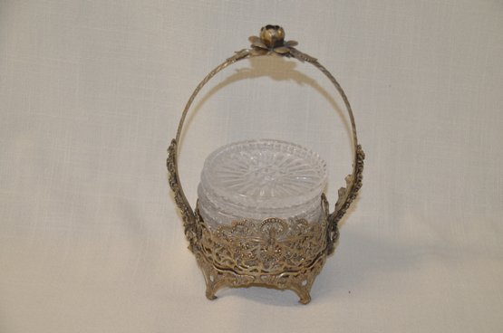 7LS) Vintage Brass Rose Trinket 5' Crystal Coasters Gold Ormolu Basket Caddy