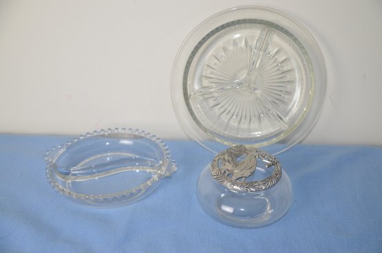 (#316) Glass Divider 2 Serving Plates 8.5' ~ Trinket Glass Pewter Angel Top Cover