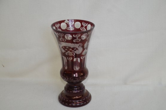 426) Vintage EGERMANN Bohemian Czech Cut To Clear Ruby Red Art Glass 8' Vase ( Chip On Rim)