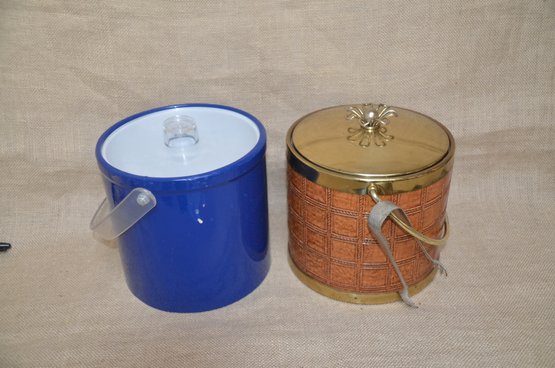 (#75) Vintage MCM Ice Bucket (Blue Vinyl / Lucite Lid And Faux Leather With Brass Lid