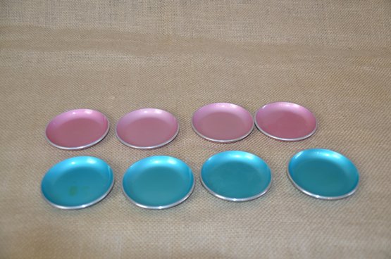(#119) Vintage MCM Emalox Norway Small Plate Salt Dish Set 2.75' Pink And Turquoise Set Of 8