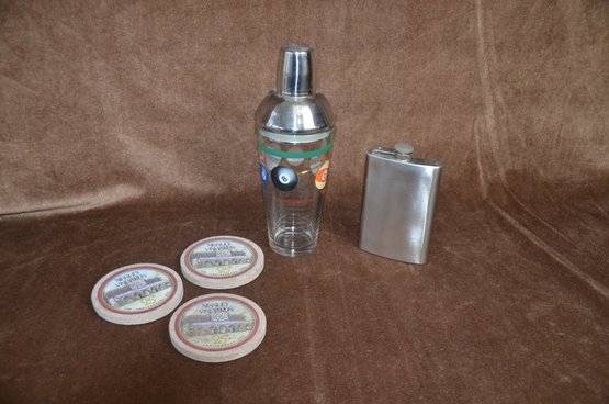 (#43) Vintage Billiard Design Cocktail Shaker Pool Balls Barware ~ Stainless Flask ~ Stone Coasters