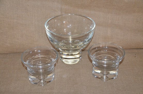 (#106) Heavy Bottom Base Glass Bowl And Set Of Candle Holders / Candy Dishes - See Condition Notes