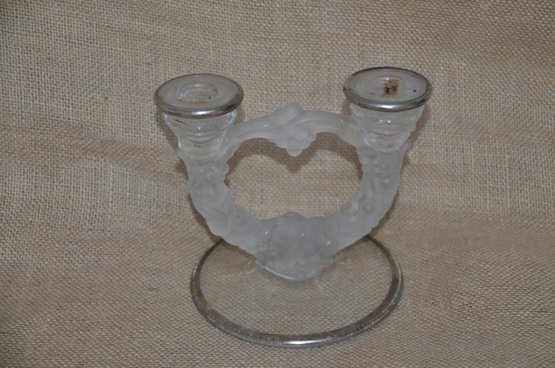 (#96) Glass Frosted Double Candle Stick Holder Silver Border (silver Slightly Scratched )