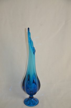 44) Mid Century Modern Blenko Viking Swung Pedestal Stretch Blue Art Glass Vase 15'