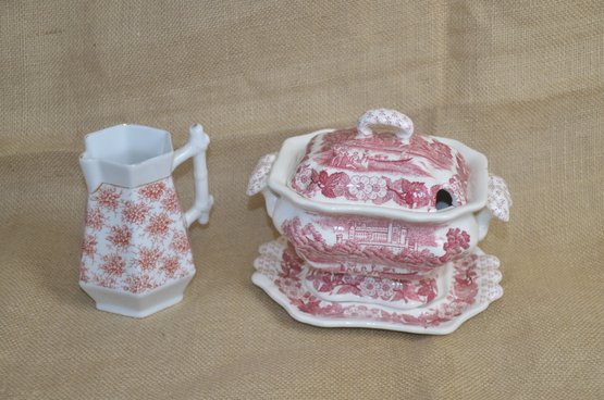 (#99) Vintage Cranberry Small Covered Soup Tureen 7.5' ~ Cranberry Floral Creamer Pitcher Bamboo Handle 5'
