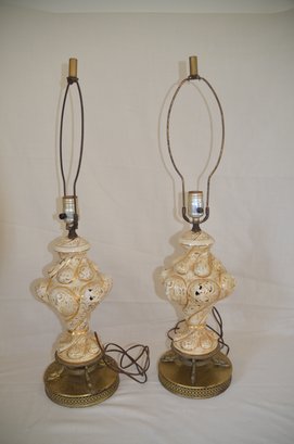 1) Pair Of Antique Vintage Porcelain Cream Gold Capodimonte Italian Table Lamps With Brass Base