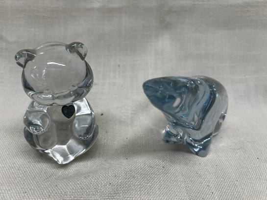 391) Norway Randsfjordo Glass Polar Bear Paperweight And Glass Cat With Silver Heart 3.5'