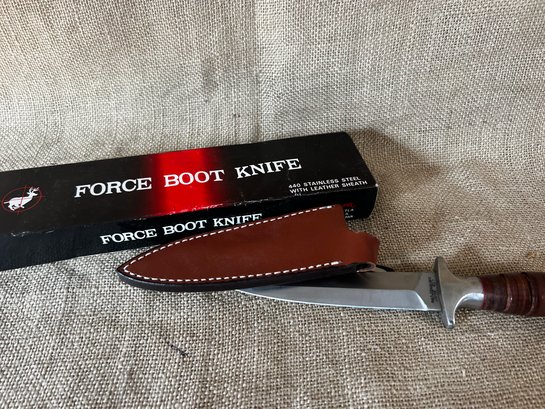178) Force Boot Knife 440 Stainless Steel With Leather Sheath Valor 6' Blade