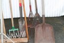 (249 Old Wooden Handled Garden Tools: Shovels, Racks, Tiller, Push Room, Roof Snow Rack