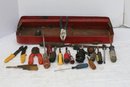 (261) Vintage Metal Tool Box Tray/tools/ And Container Filled With Chisels, Spikes And More Check Photo's