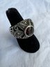 (#444) Vintage Marcasite 925 Sterling Silver Center Ruby Red Garnet Stone Cocktail Ring