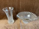(#44) Tall Glass Vase (chip Edge) And Decorative Glass Bowl (chip Edge)