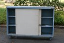 (228) Blue And White Wood Book Case 2 Sliding Door(handle Is Missing) Doors Are Hard To Open & Close Needs TLC