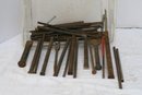 (261) Vintage Metal Tool Box Tray/tools/ And Container Filled With Chisels, Spikes And More Check Photo's