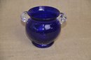 (#44) David Traub Studio Art Glass Trinket Vase 4'H Signed 1994 Cobalt Blue Glass Clear Handles