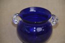(#44) David Traub Studio Art Glass Trinket Vase 4'H Signed 1994 Cobalt Blue Glass Clear Handles