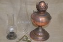 (#59) Copper Oil Lamp ~ Mini Oil Lamp ~ Glass Flu Shade ~ Brass Grasshopper 4'