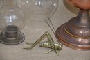 (#59) Copper Oil Lamp ~ Mini Oil Lamp ~ Glass Flu Shade ~ Brass Grasshopper 4'