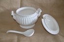 (#50) Japan White Ceramic Soup Tureen With Ladle 11' Diag.