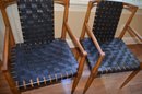 3) MCM Leather Strip Weave Arm Chairs Set Of 2