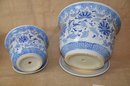 (#157) Blue And White Ceramic Planters With Saucers 12' And 8'