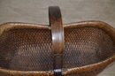 (#16) Antique Straw Willow Basket From Shandong Metal Side Handle Detail