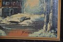 8) Vintage P. Klause Oil Painting Winter Log Cabin Scene