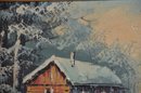8) Vintage P. Klause Oil Painting Winter Log Cabin Scene