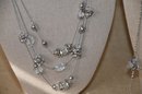 (#35) Chico 3 Strand Beaded / Silver Chain 12' ~ Silver Tone Clear Beaded Necklace 18'
