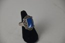 (#442)  Sterling Silver Marcasite Ring With Center Blue Garnet Stone Stamped 925