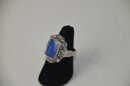 (#442)  Sterling Silver Marcasite Ring With Center Blue Garnet Stone Stamped 925