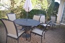 Outdoor Round 48' Patio Table 5 Chairs (includes 1 Swivel)  1 (different), Umbrella With Stand And Side Table